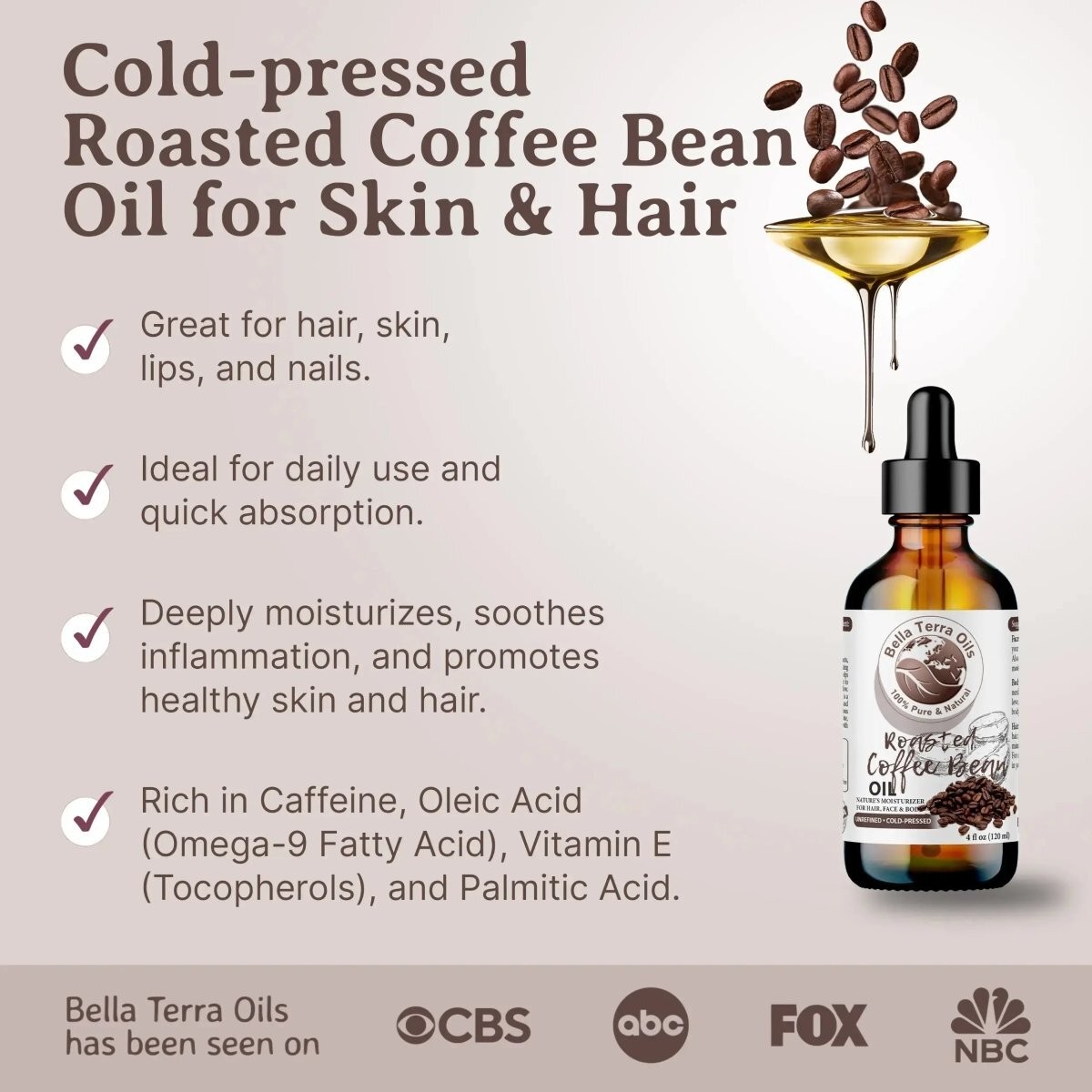 Roasted Coffee Bean Oil 100% Pure Skin Hair Face Anti-Aging Moisturizer