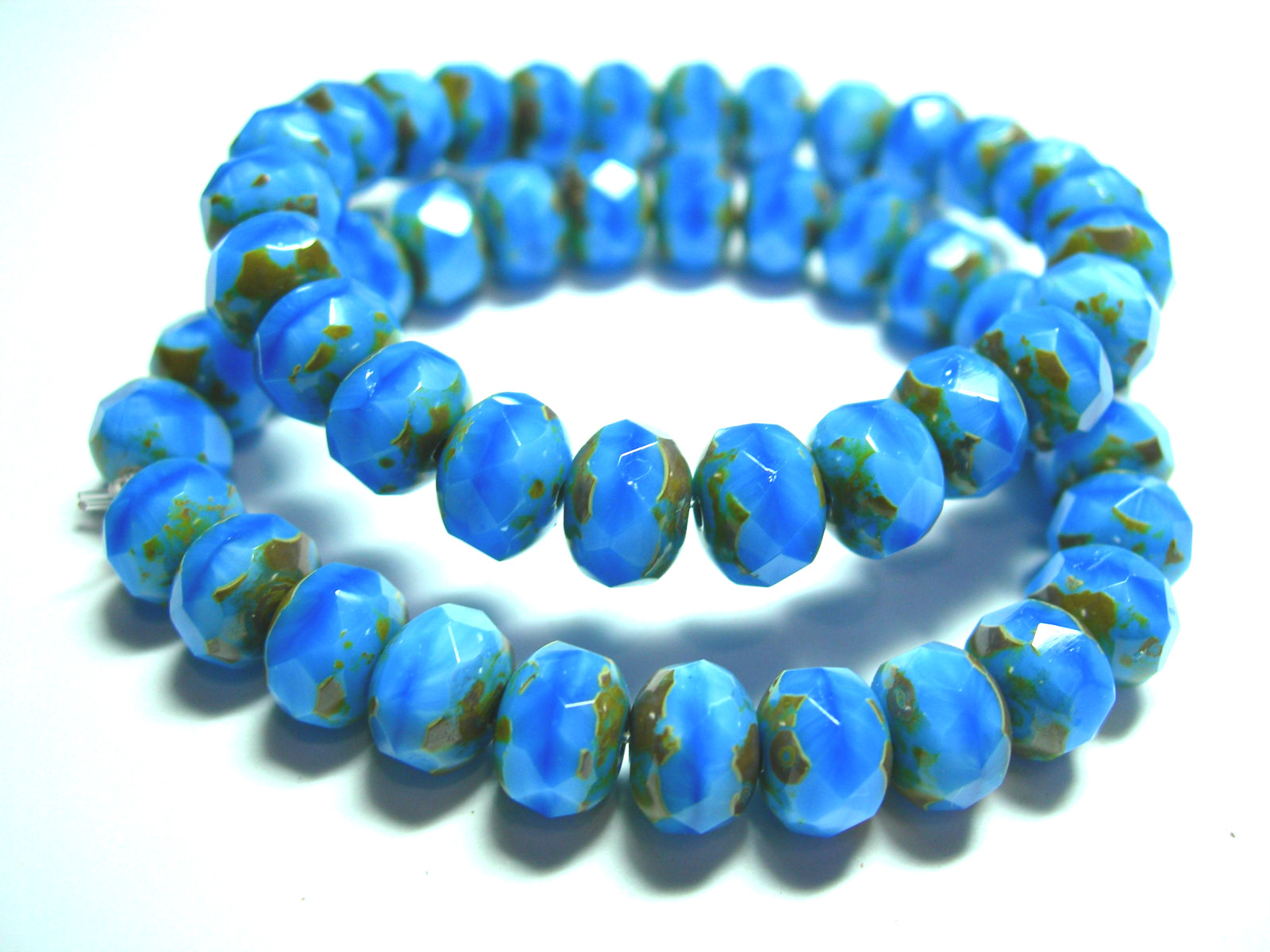 25 8x6mm Powder Blue Czech Glass Picasso Rondelle beads