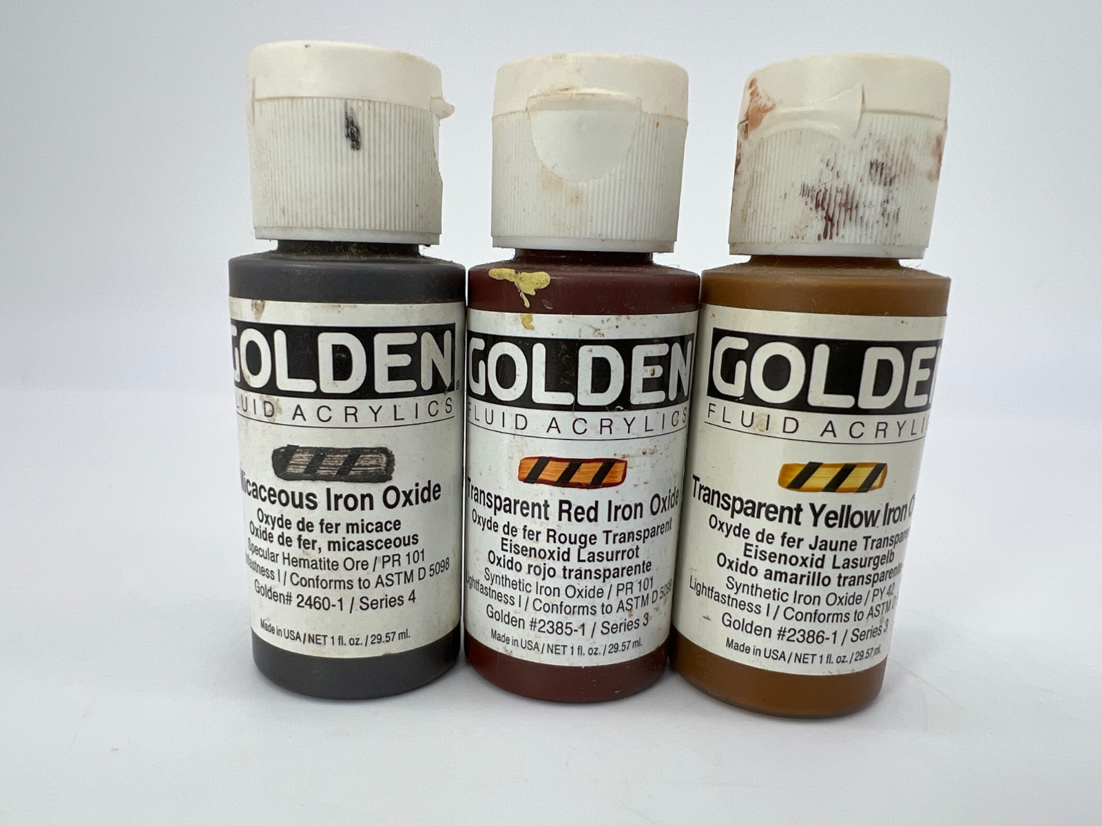 Golden Fluid Acrylics Lot 3 Micaceous & Transparent Red/Yellow Iron Oxide USED