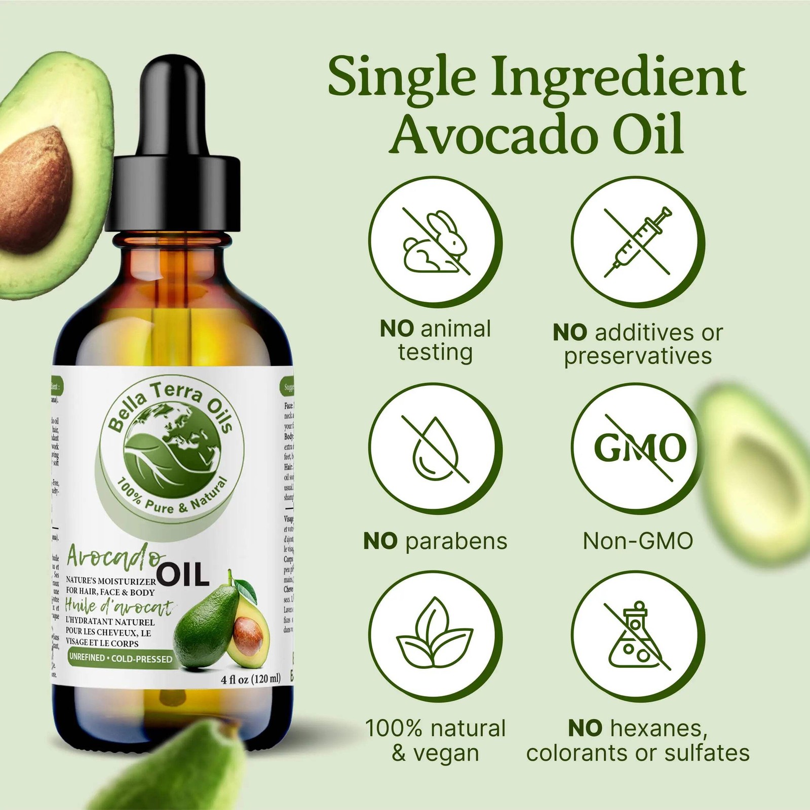 Organic Cold-Pressed Avocado Oil 100% Pure Skin Hair Face Nails Moisturizer