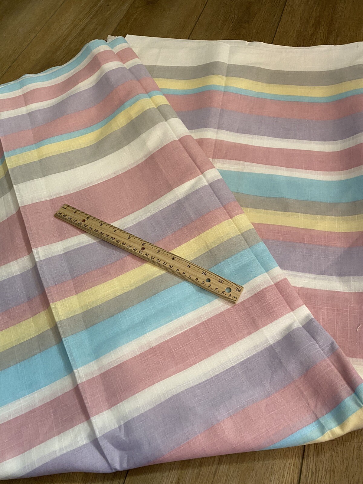 VTG WIDE Pastel Stripe Purple Yellow Pink Cotton Fabric Linen Texture 58″W BTY