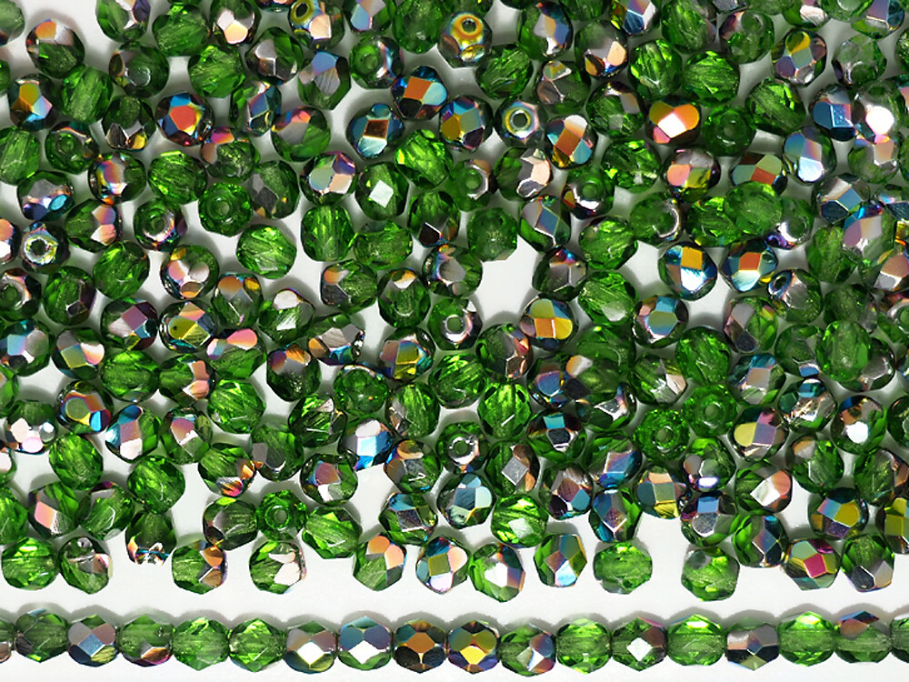 Czech Fire Polished Round Faceted Beads Peridot Vitrail 16″ green 3mm 4mm 6mm 8m