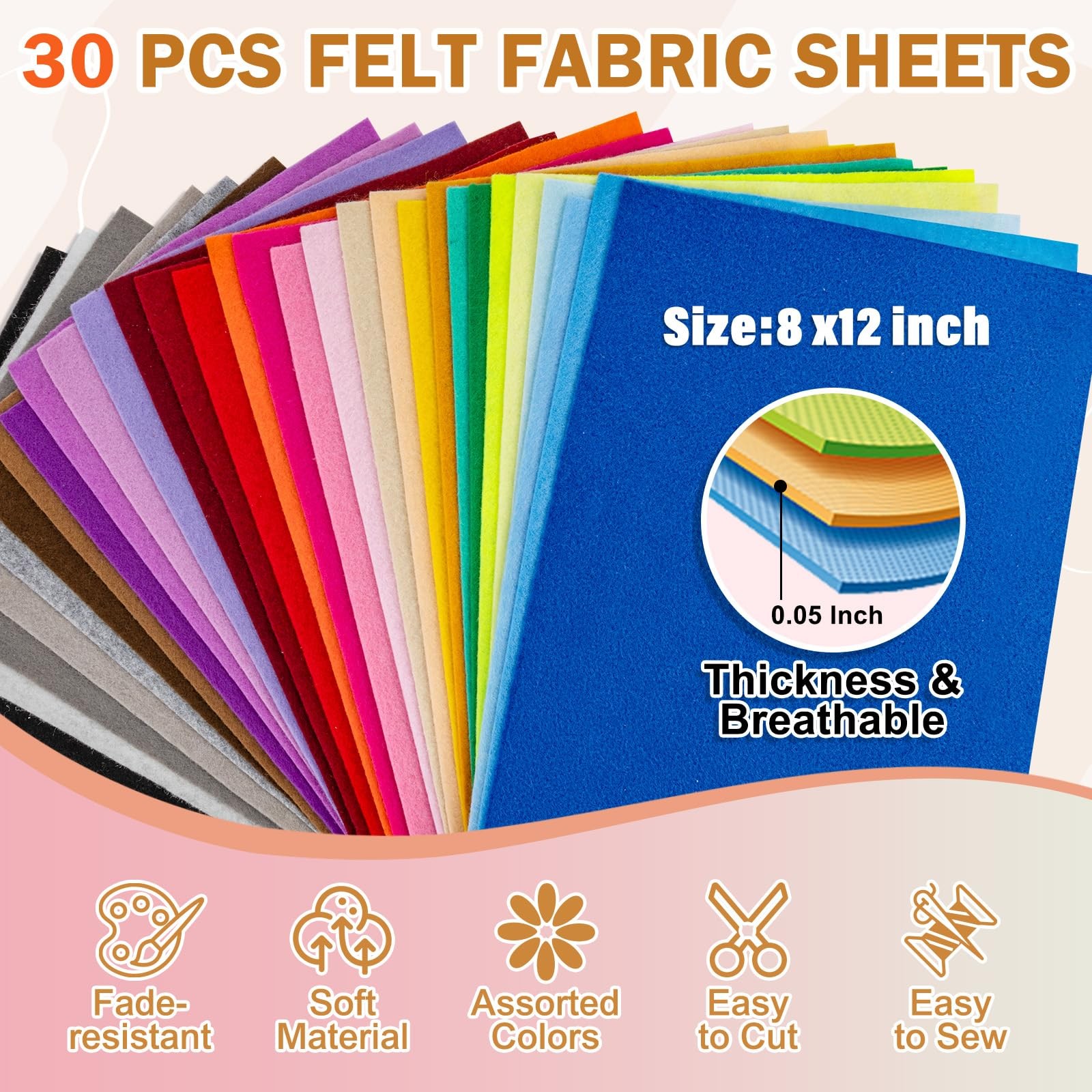 Soft Felt Sheets Multicolor Assorted 8×12 Inch 1.4mm Thick Craft DIY 30 PCS