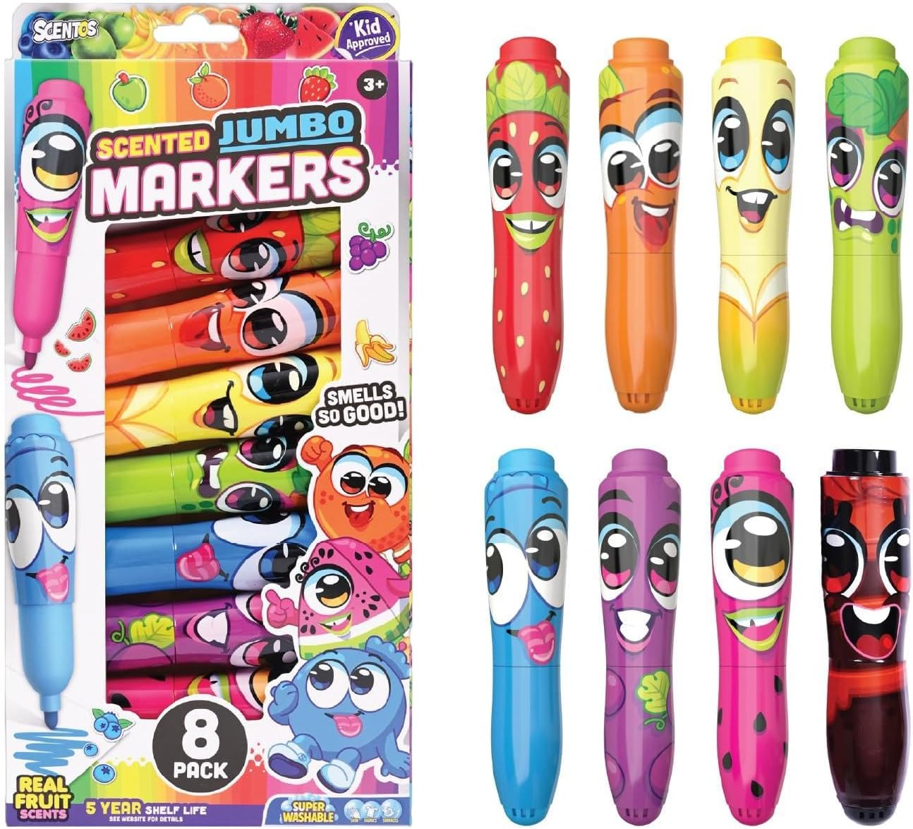 Scented Jumbo Markers 8 Pack, with Fruit Scent, 8 Colors, Different Fruity Each,