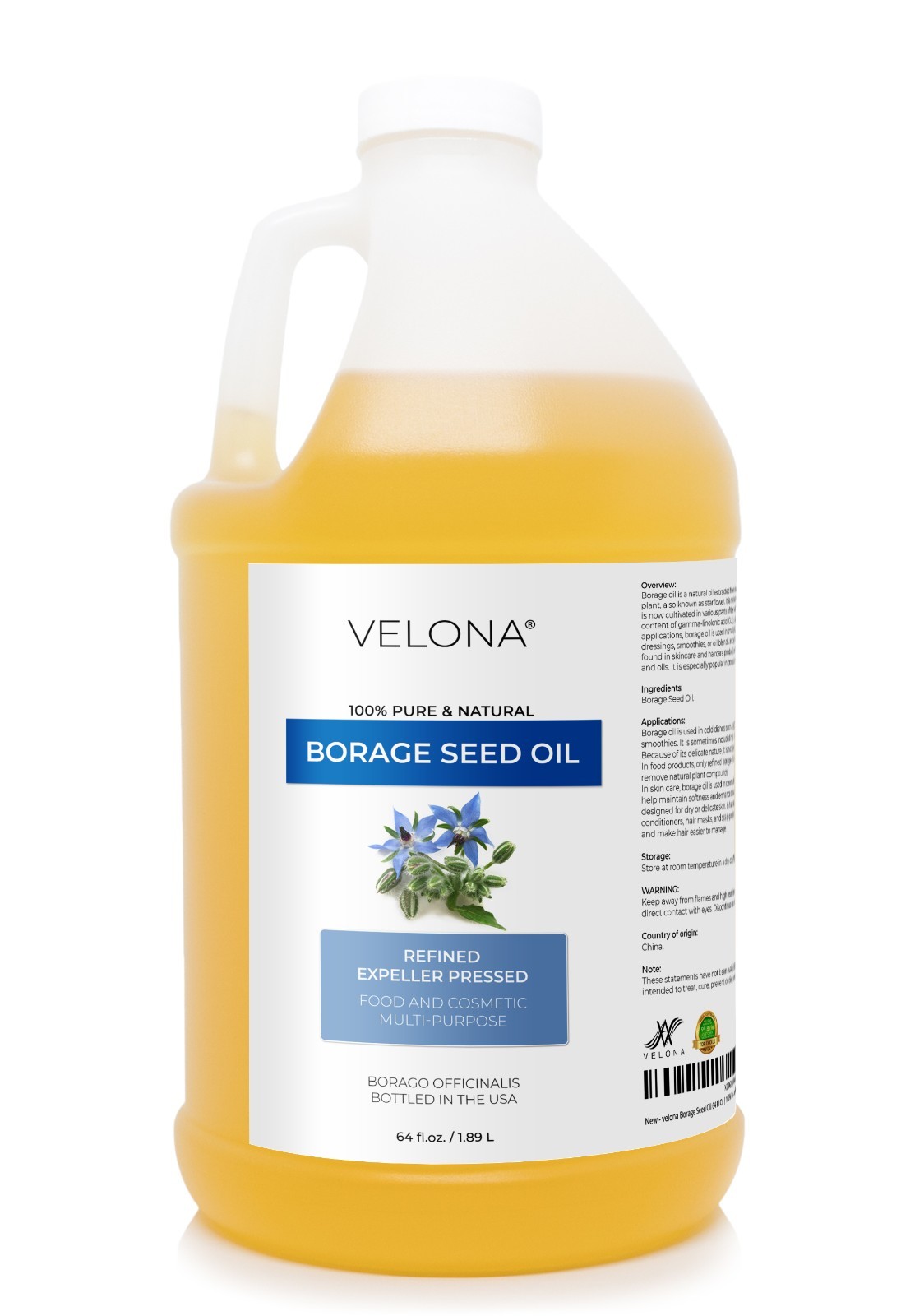 Borage Seed Oil by Velona – 2 Fl Oz – 1 Gal Refined, Expeller pressed, Skin care