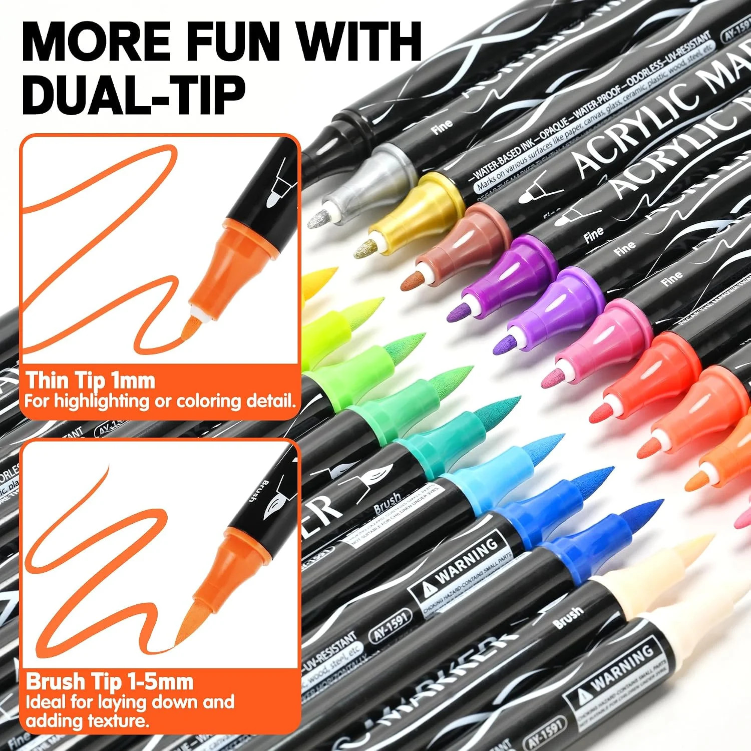 24 Acrylic Paint Markers – Paint Pens for Drawing, Brush + Fine Tips – for Fabri