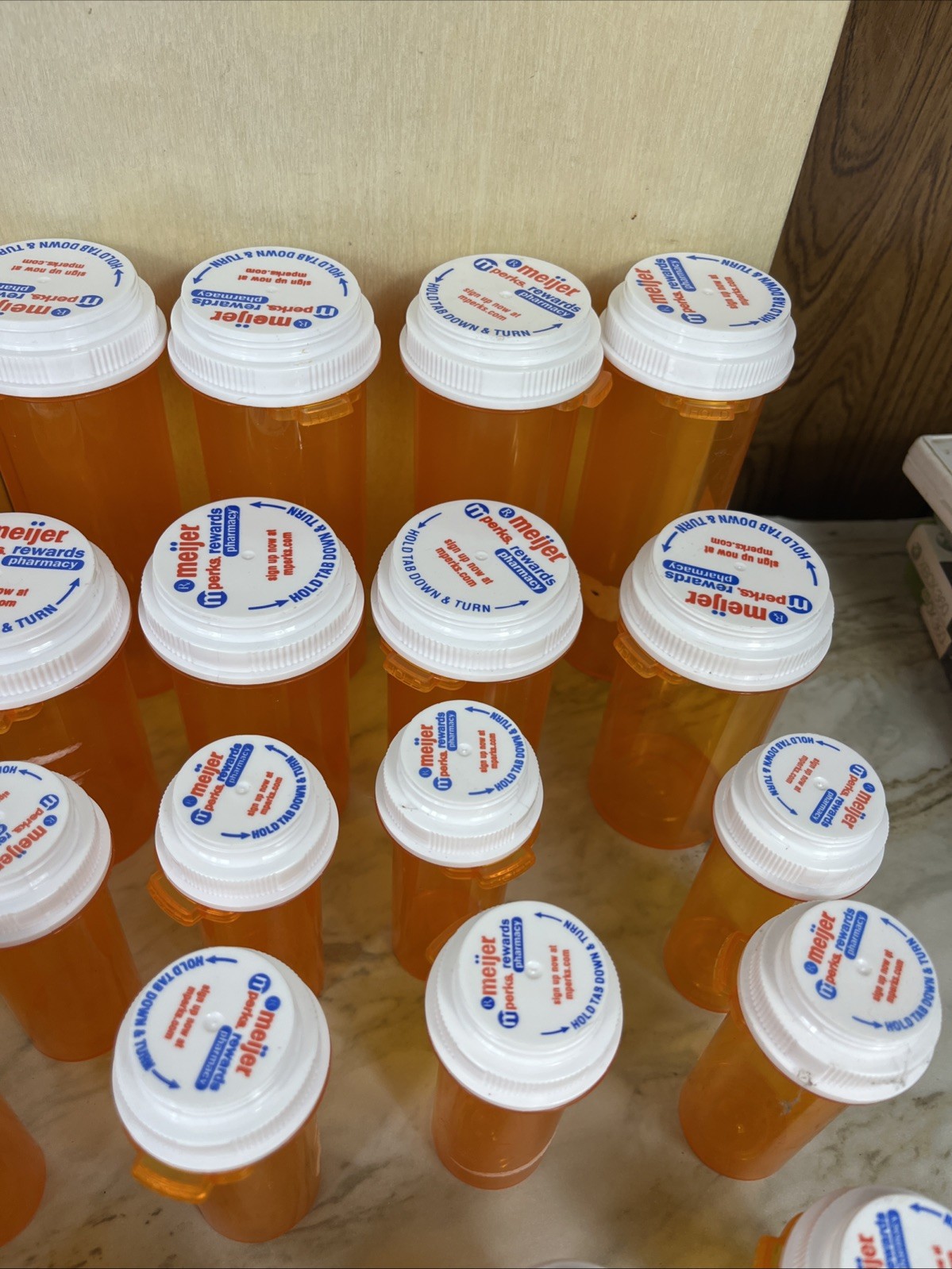 Lot Of 61 Empty medicine Bottles All amber Minus 2 Blue, Various Sizes