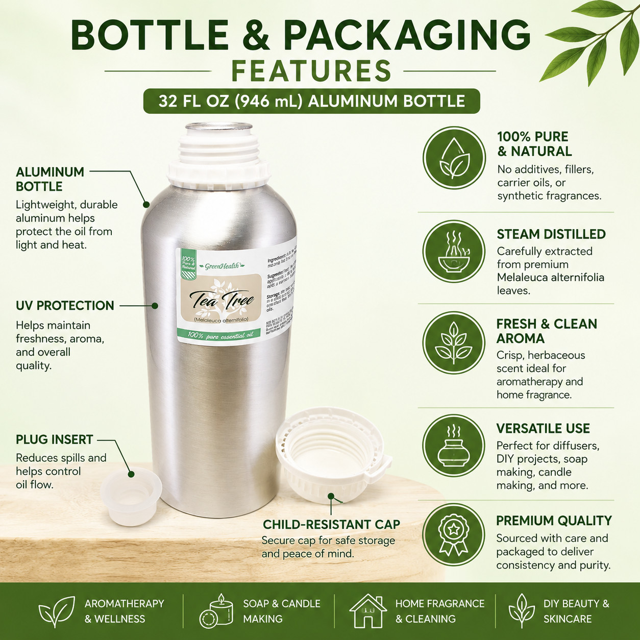 32 fl oz Tea Tree Essential Oil (100% Pure & Natural) in Aluminum Bottle