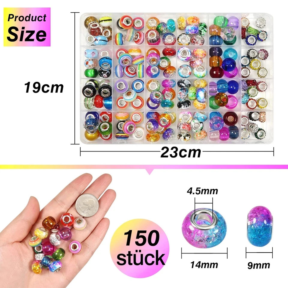150 Pcs Glass European Lampwork Beads Large Holes for Jewelry Making Bracelet