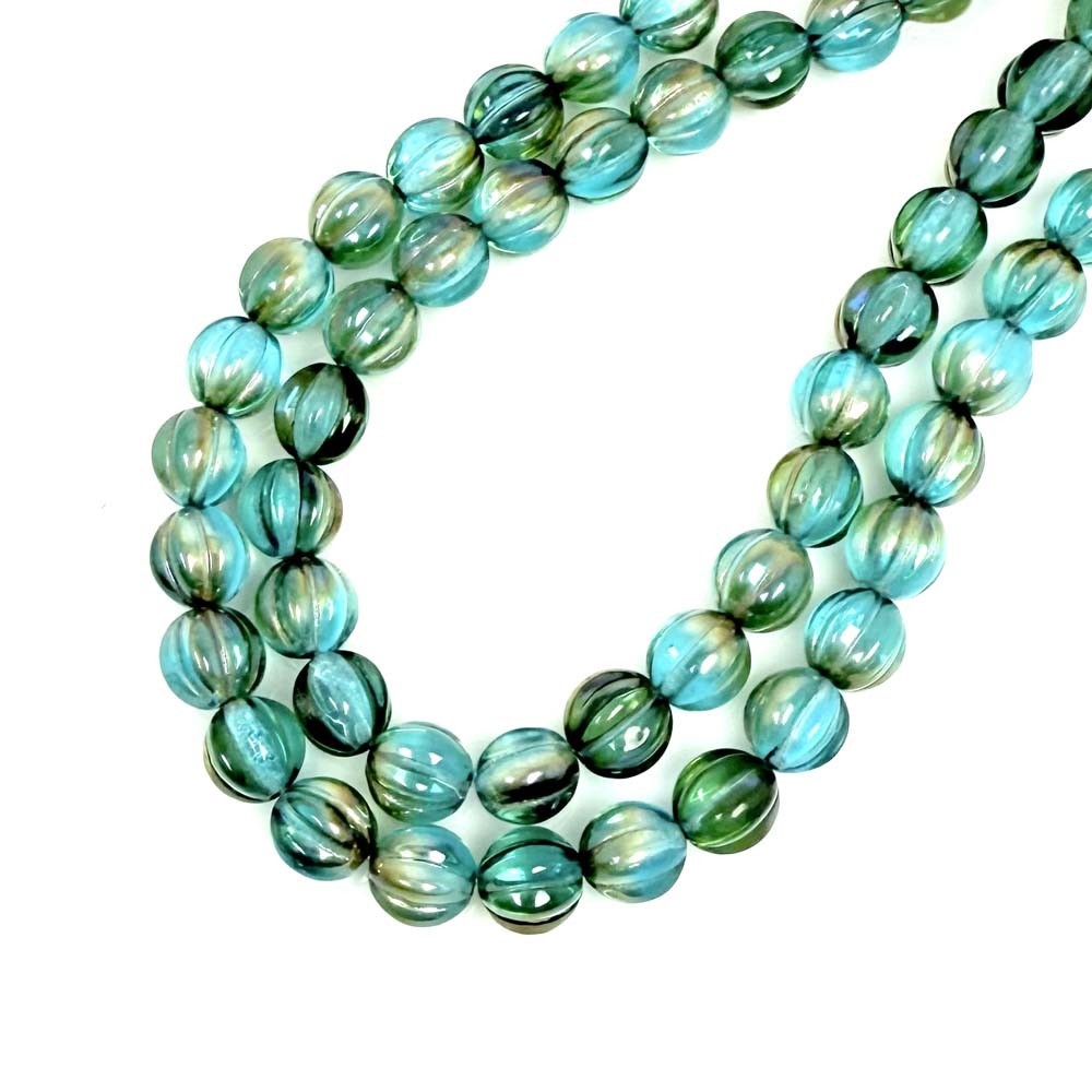 12 Czech Glass Fluted Melon Beads Corrugated – Aquamarine Blue – Celsian 8mm