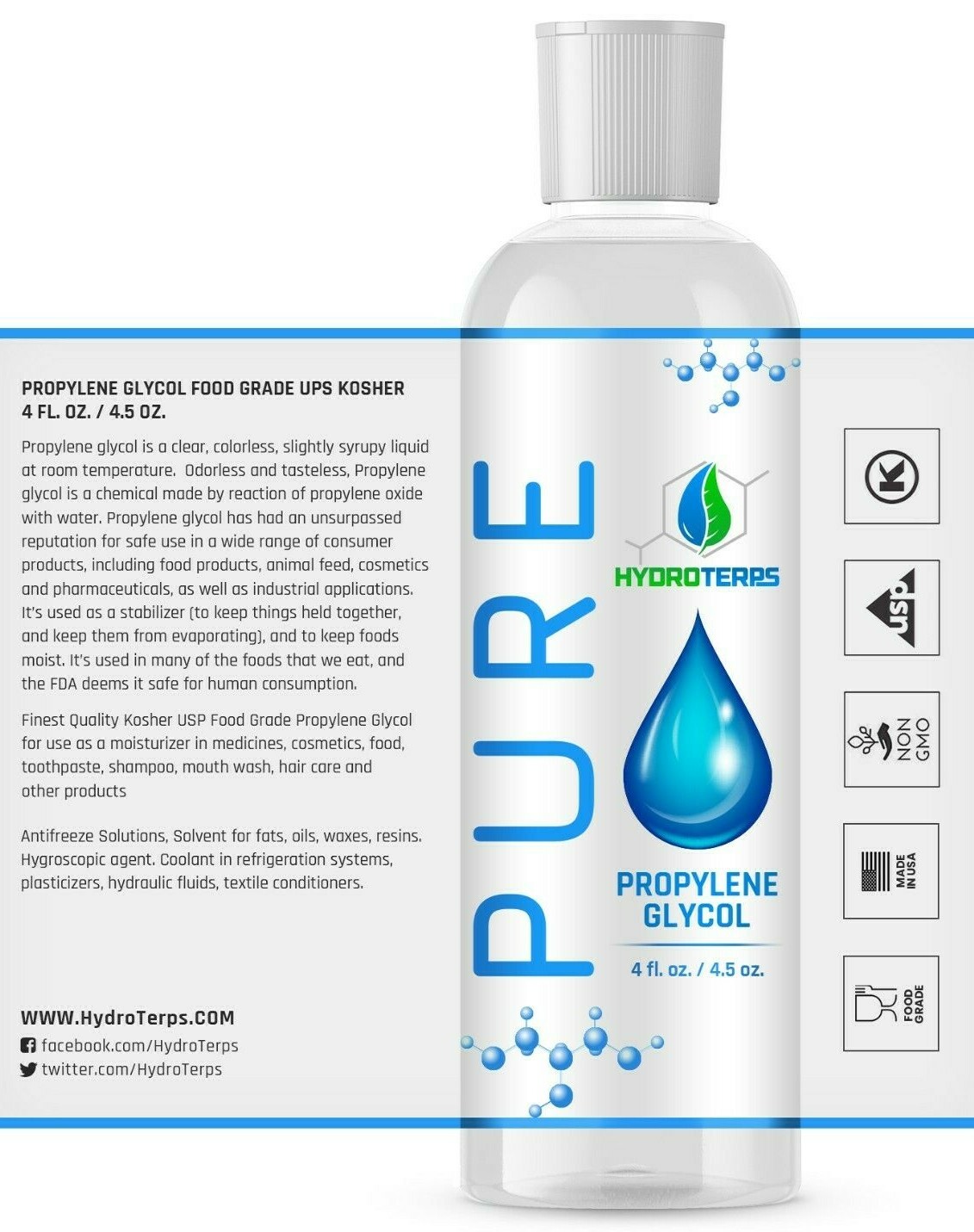 Vegetable Glycerin / Propylene Glycol 4 oz Each USP 99.9 % Pure Food Grade VG PG