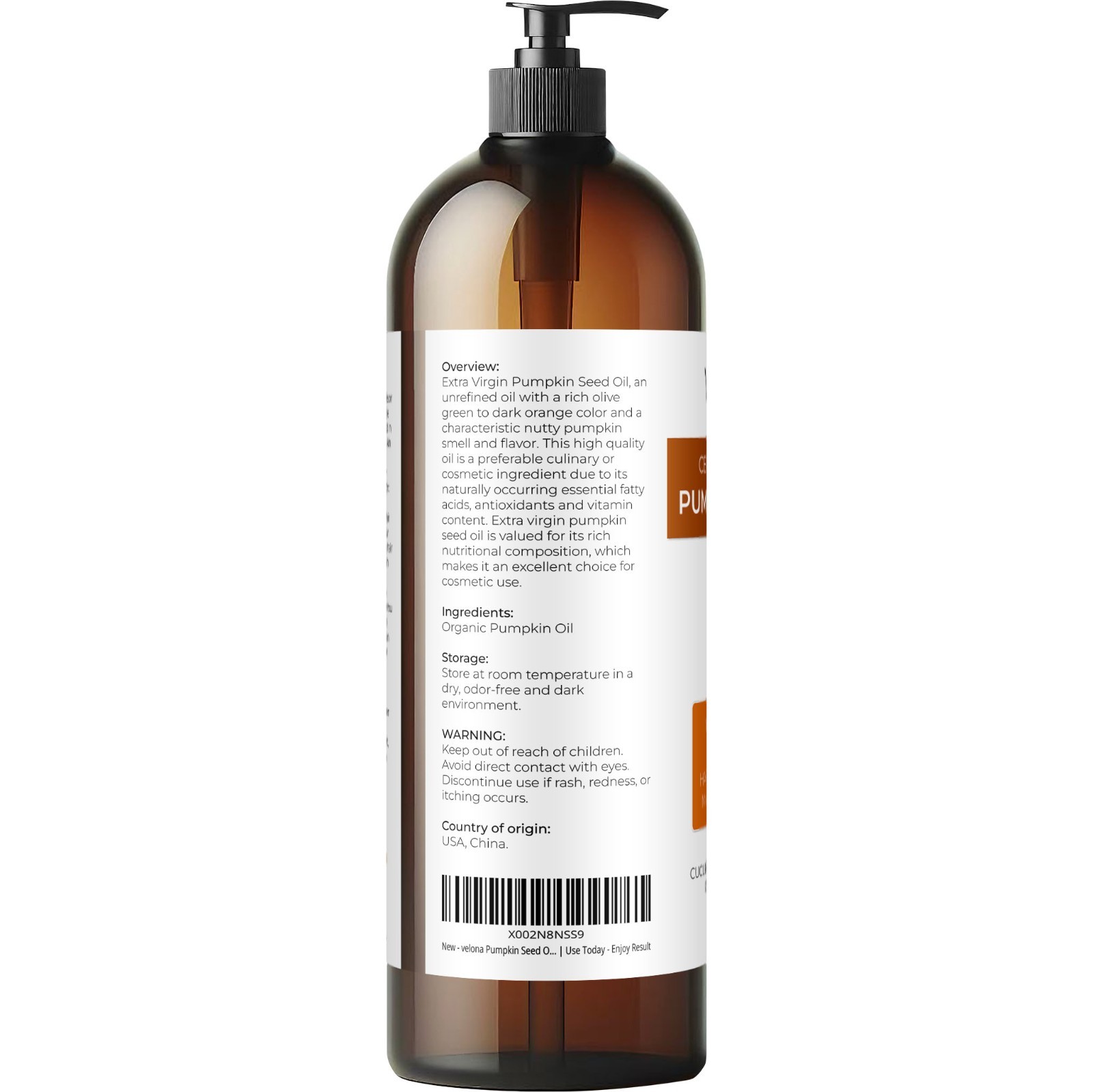 Velona Pumpkin Seed Oil USDA Certified Organic – 32 oz Unrefined Cold Pressed
