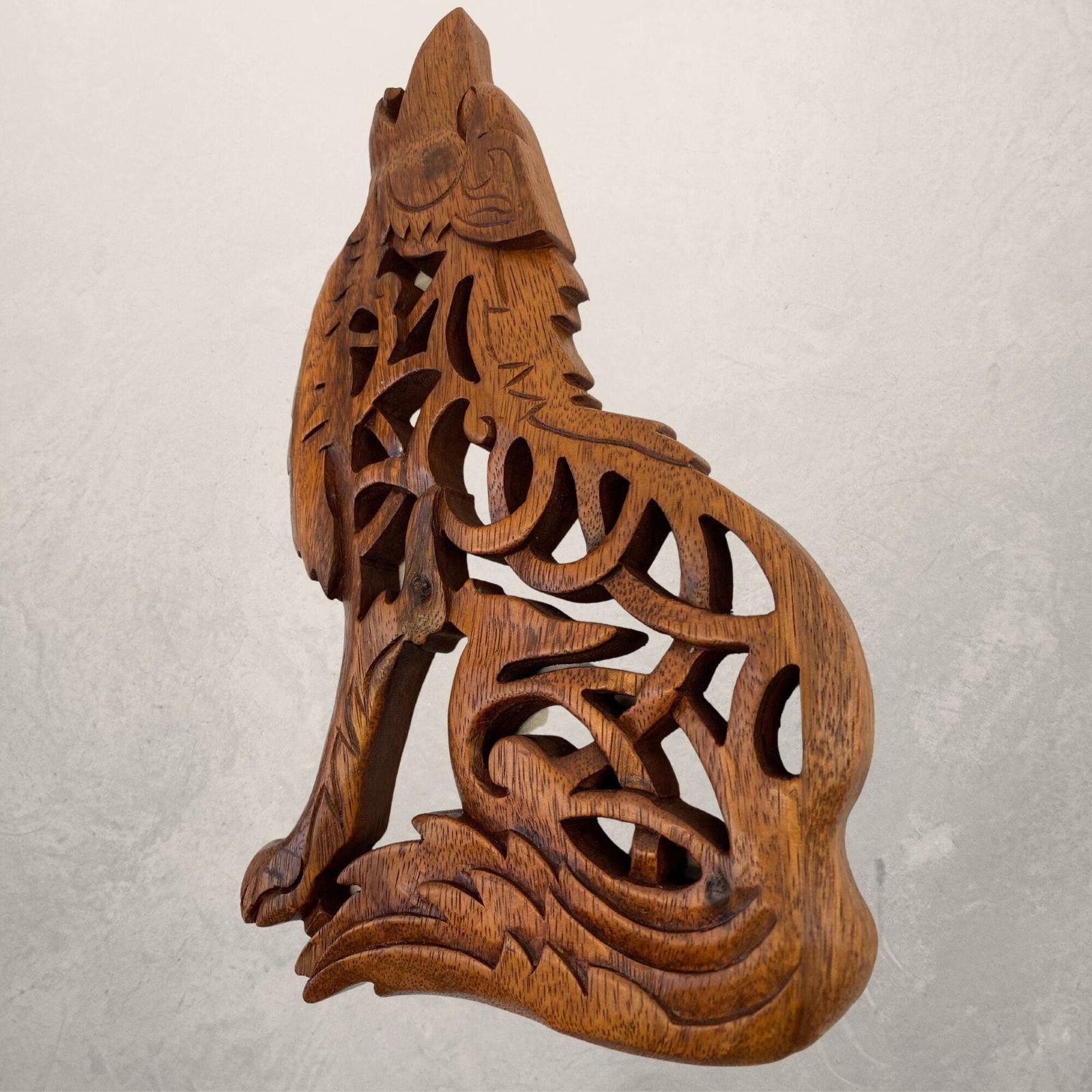 Celtic Howling Wolf Wall Art Panel Sculpture Handmade hand Carved Suar wood Ca