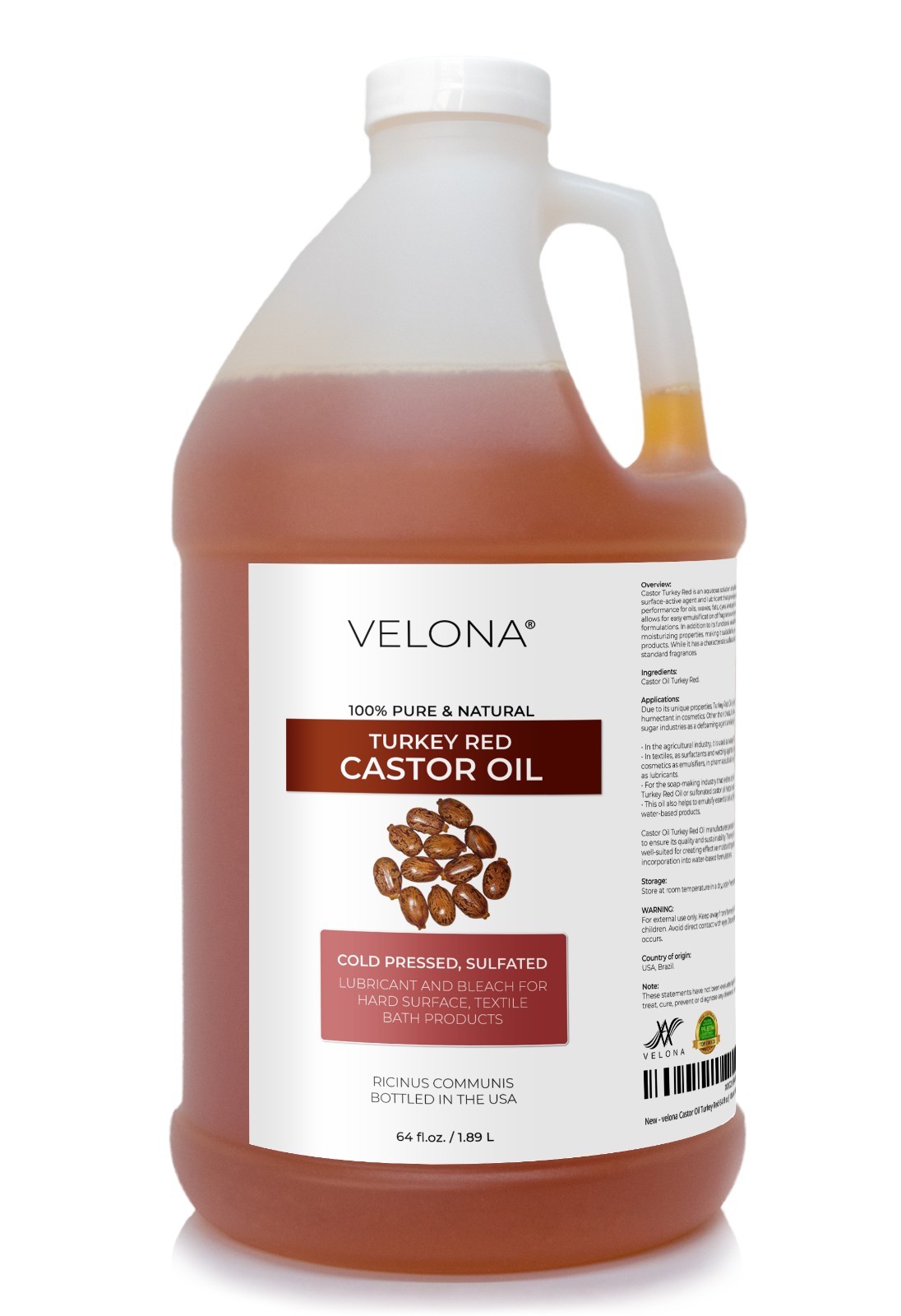 Castor Oil Turkey Red Oil by Velona – 2 Fl Oz – 7 lb, Natural, Cold Pressed