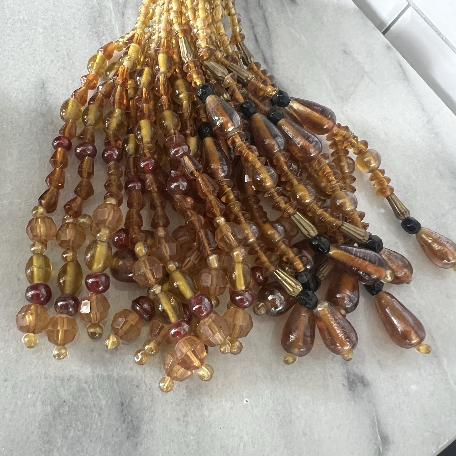 Amber glass gold tones warm Color Heavy Beaded Tassel Holiday ornament rich 7″