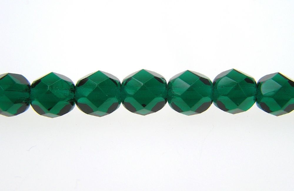 Czech Fire Polished Round Faceted Glass Beads in Emerald color, green