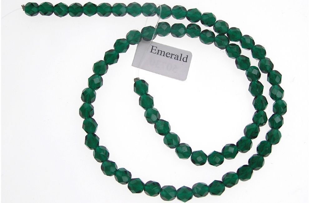 Czech Fire Polished Round Faceted Glass Beads in Emerald color, green