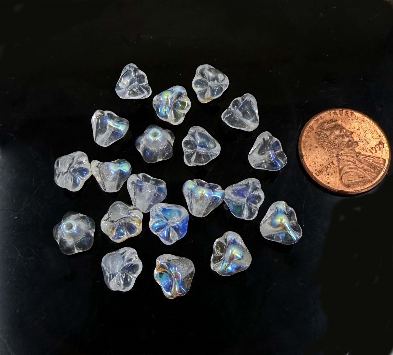 20 Czech Glass Baby Bell Flower Beads – Crystal AB moonstone 8x6mm