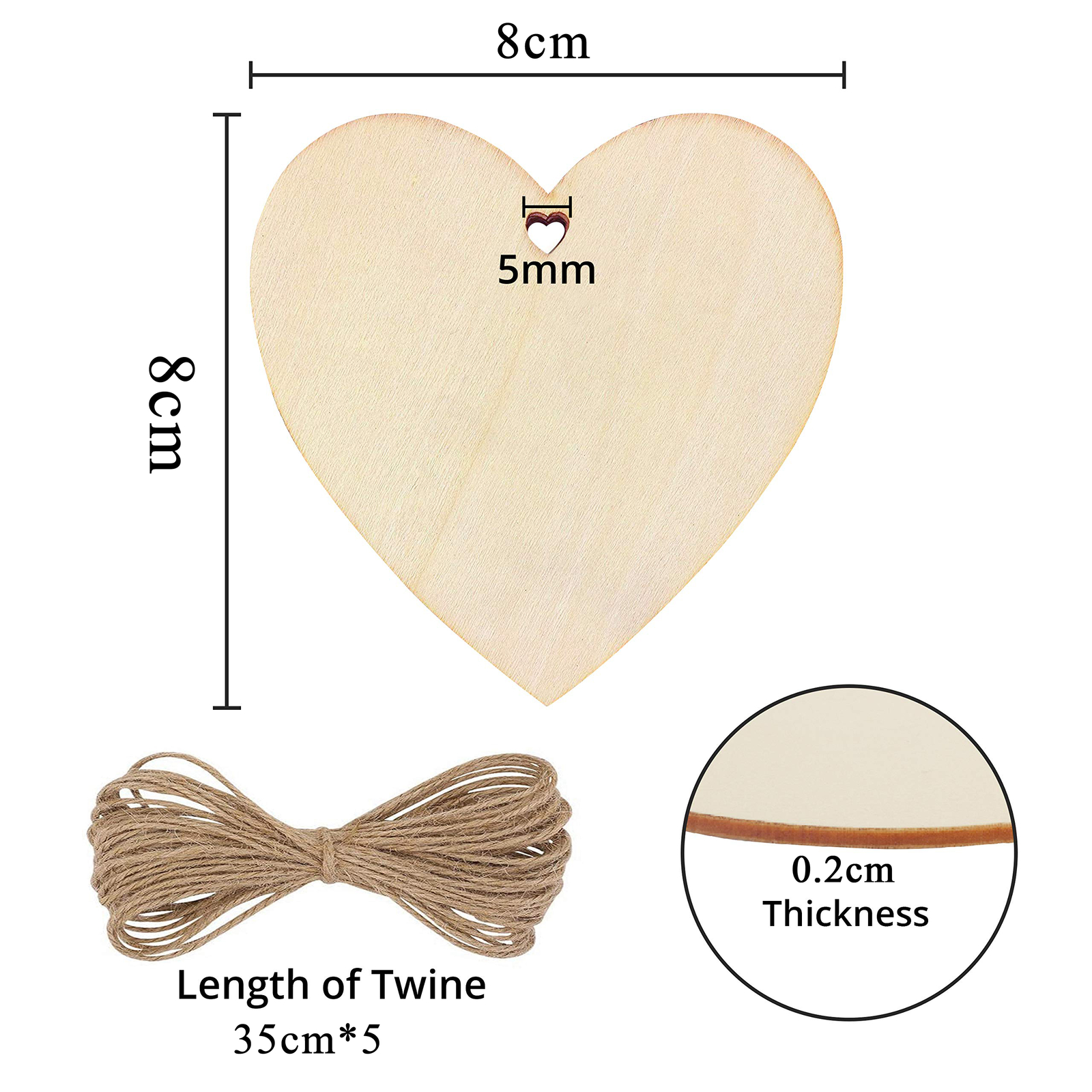 50PCS Wooden Hearts +Twine 3.2×3.2″ Shaped Heart Set with Holes & Rope DIY Gifts