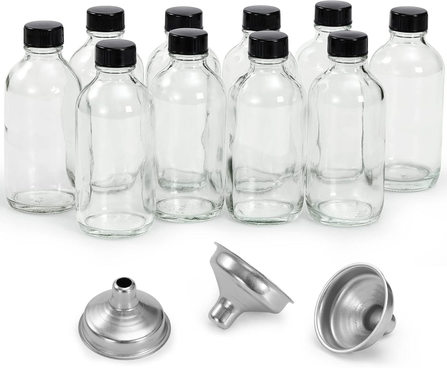 10 Pack, 4 oz Small Clear Glass Bottles w/Lids & 3 Stainless Steel Funnel – 1…