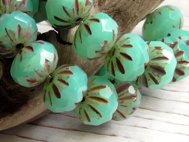 8 – 10x7mm CZECH OPAQUE AQUA BLUE OPAL PICASSO ETCHED FACETED GLASS CRULLER BEAD