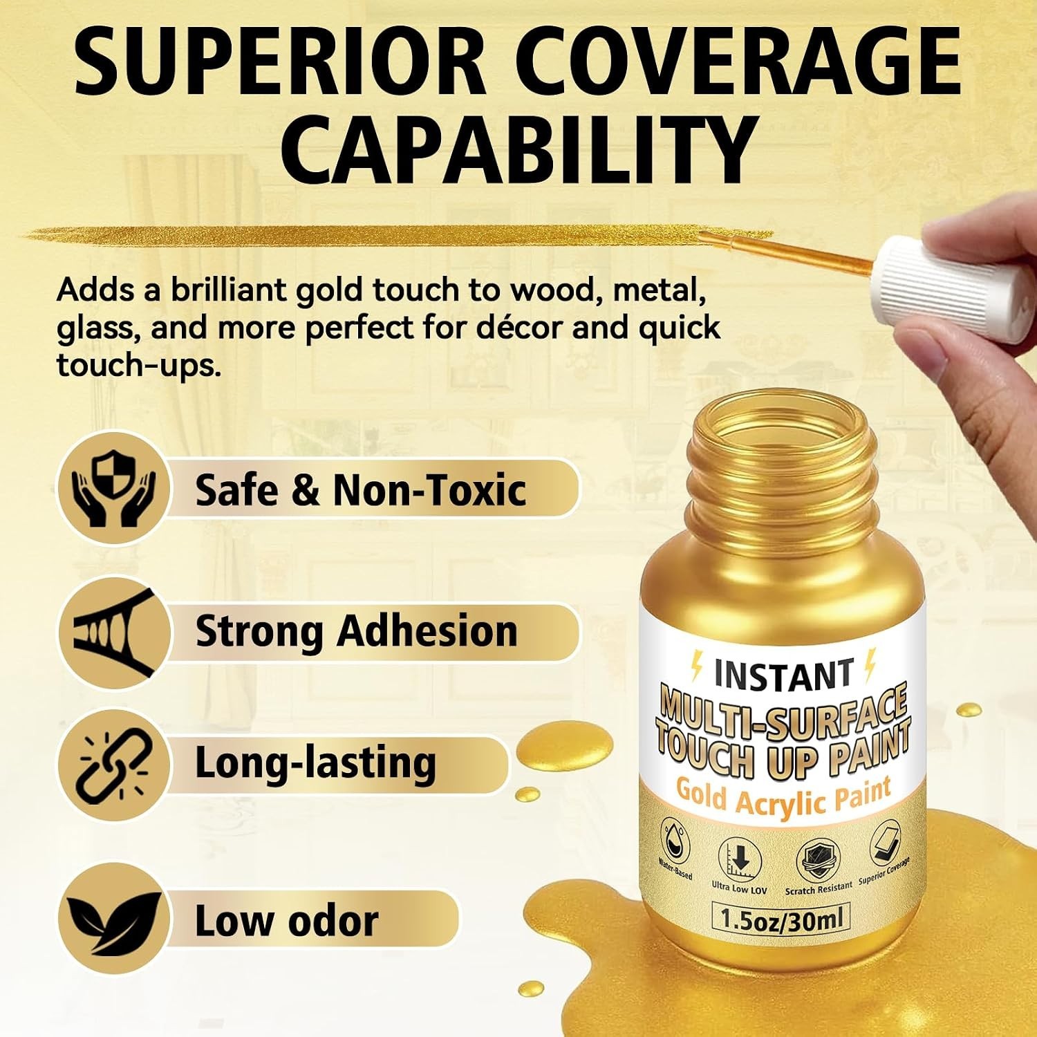 Gold Leaf Paint, Gold Paint for Metal and Wood – Rich Metallic Shine, Fast Dryin