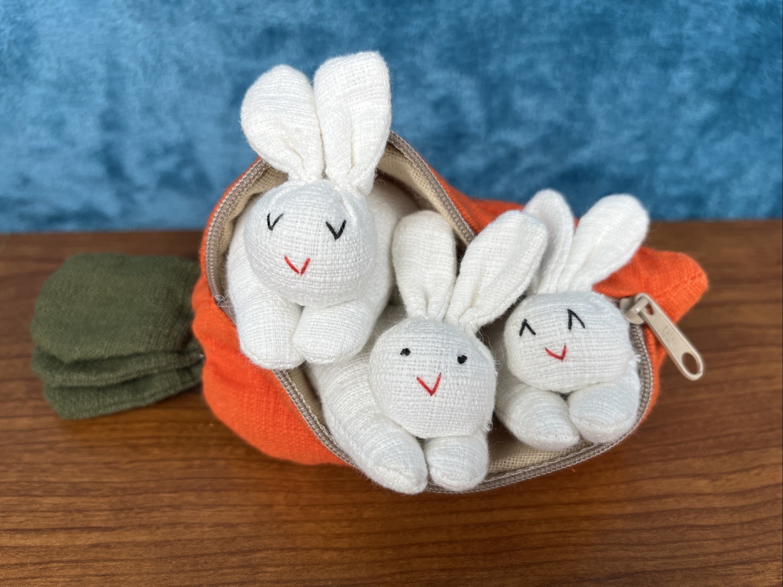 Bunny Rabbit Family Trio in Orange Carrot Purse Case Woven Cotton Easter Gift