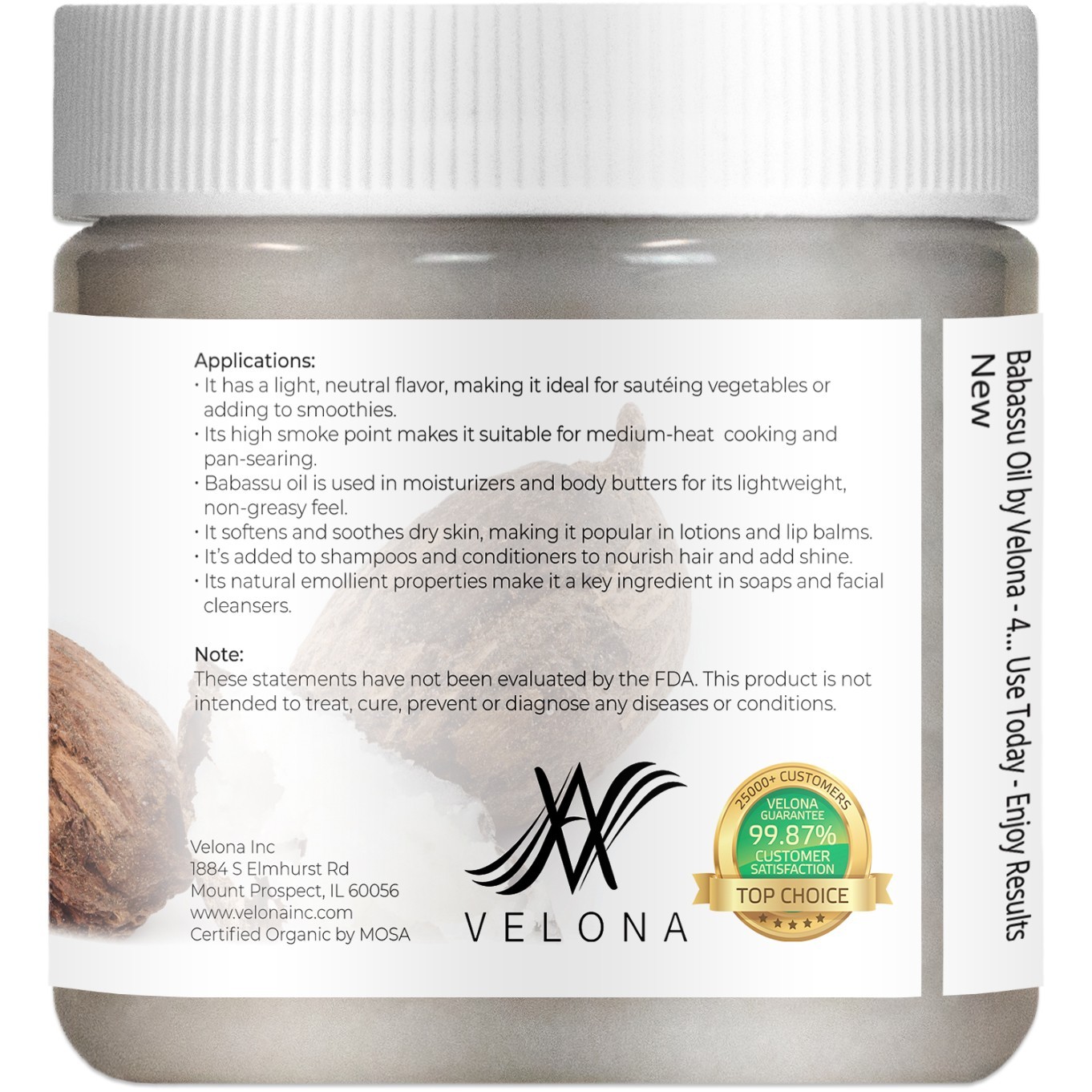 Velona Babassu Oil USDA Certified Organic 4 oz Food, Cosmetic Grade Cold Pressed