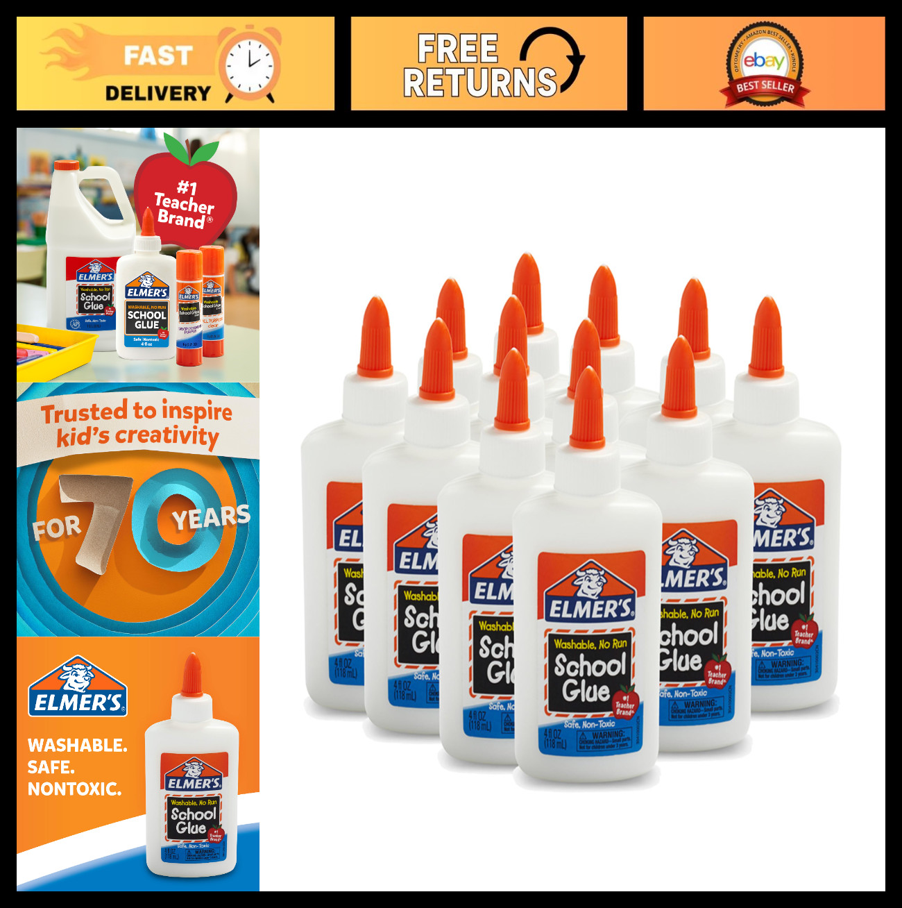 Non-Toxic Liquid School Glue for Slime & Crafts, Washable, 4oz, 12 Pack