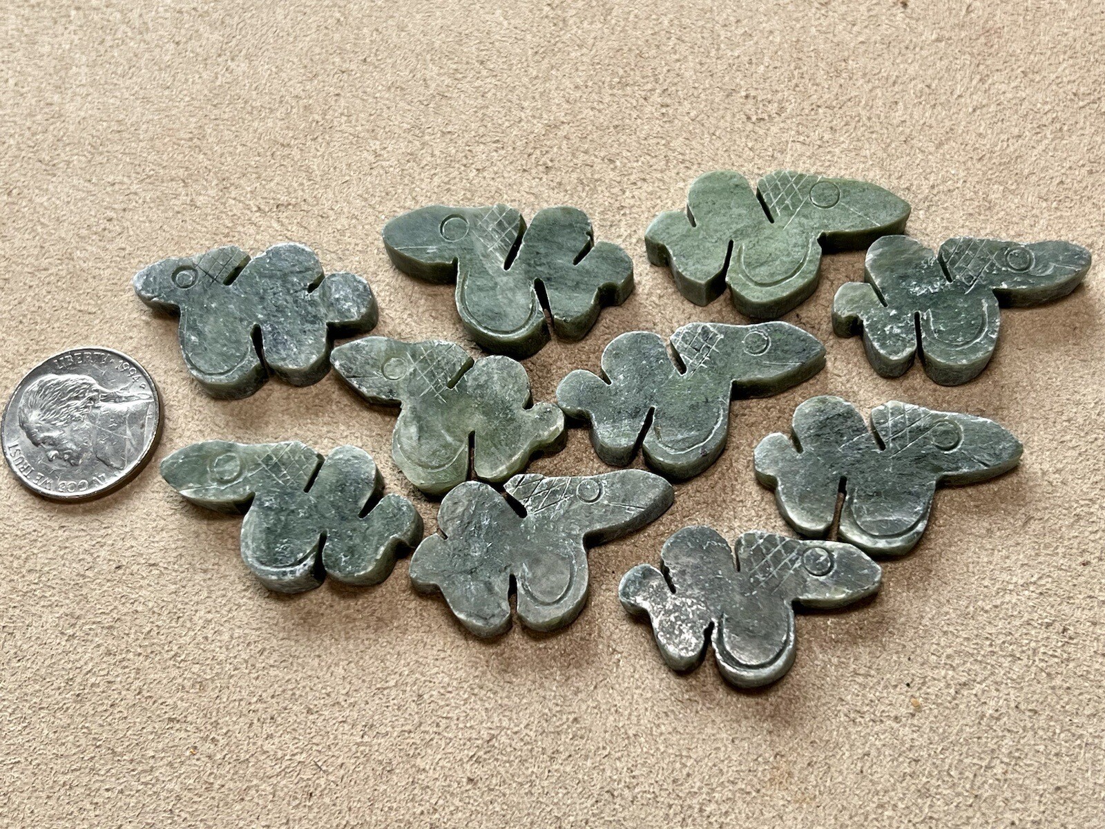 10 Carved Green Stone Snake Pendants No Hole New Old Stock Lot Jewelry Making