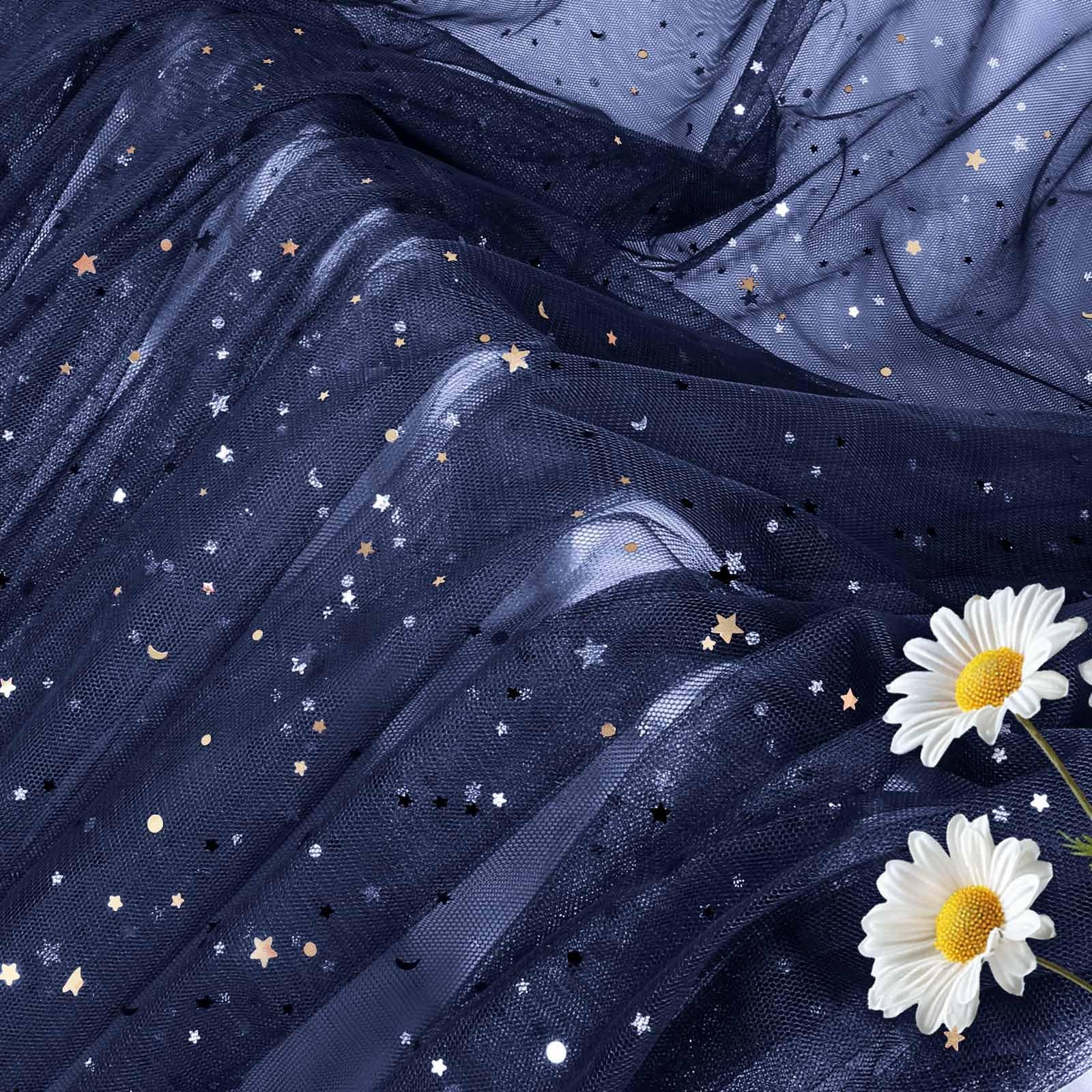 Horbaunal Navy Blue Glitter Tulle Fabric Rolls 54 1 Yard, Blue-star&moon