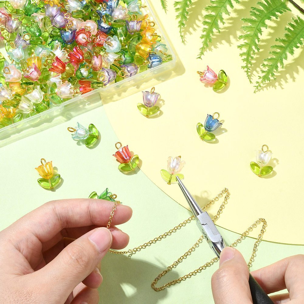 90x Handmade Acrylic Flower Charms Tulip Pendants w/Glass Leaf Charms for DIY