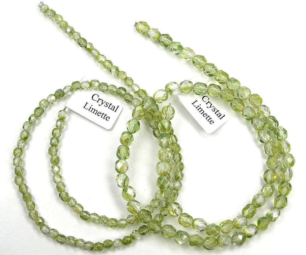 Czech Fire Polished Round Faceted Beads in Crystal Limette coated, 16″ strand