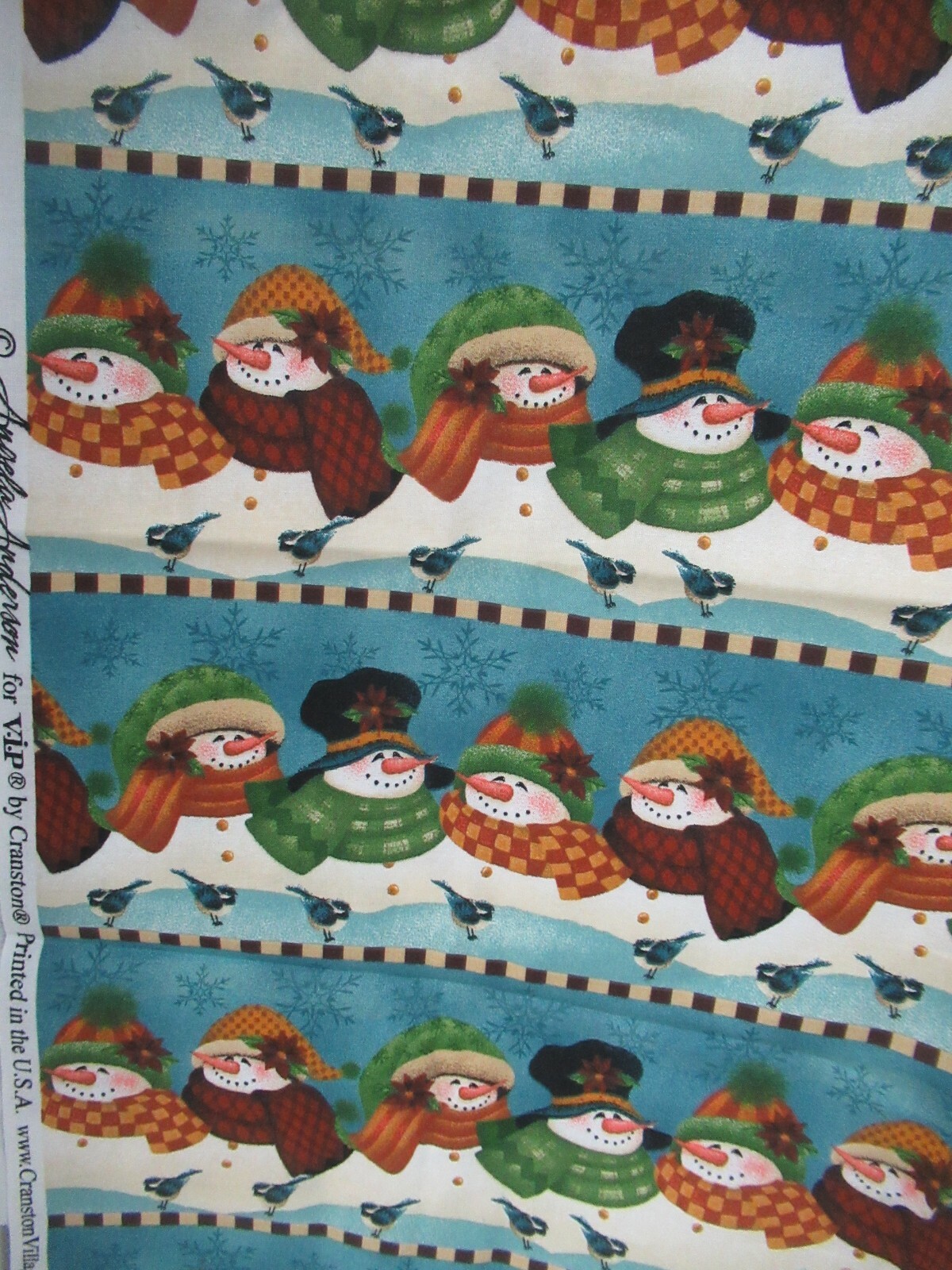 Cranston VIP Fabric SNOWMAN ALLOVER Angela Anderson BLUE MULTI VTG. 25″x43″ W