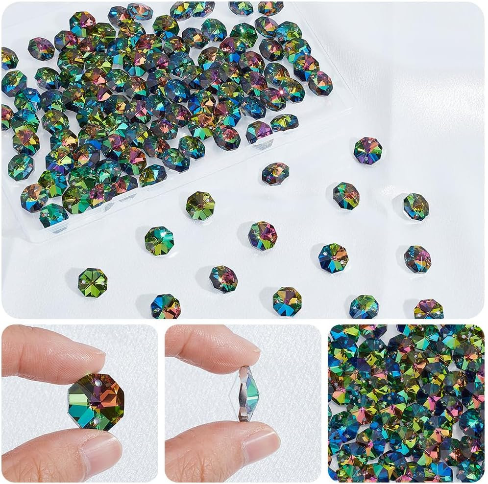 120Pcs Colorful 14Mm Octagonal Crystal Beads 2 Holes Glass Octagon Prism Beads