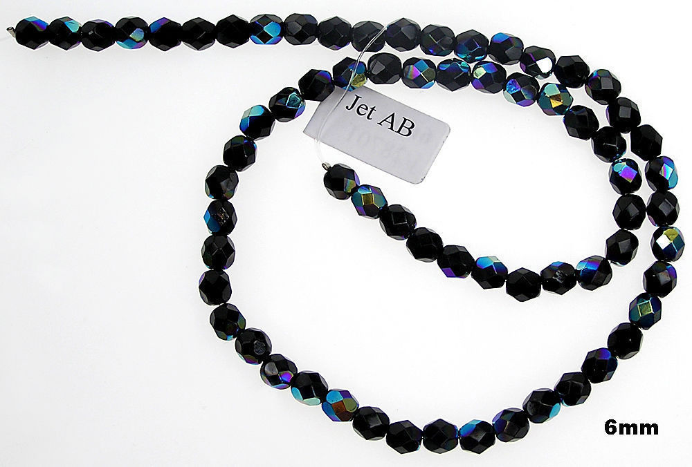 Czech Fire Polished Round Faceted Glass Beads in Jet black AB coated, 16″ strand