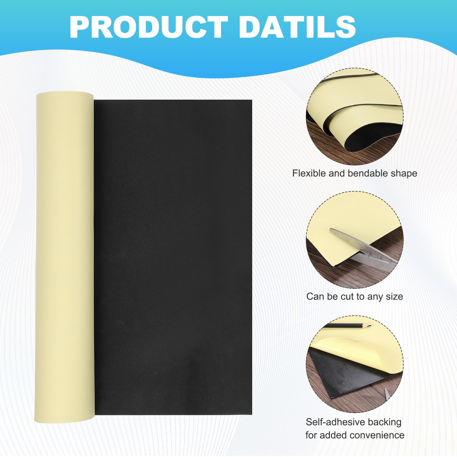 EVA Foam Roll with Adhesive Backing, 3mm 1/8″ Thick 78”x13”, Black