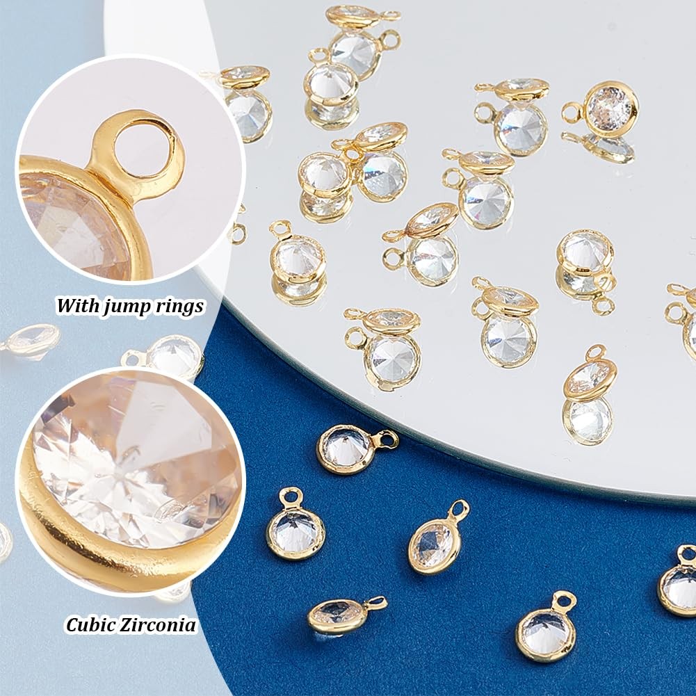 30Pcs 18K Gold Plated Cubic Zirconia Charms, Golden round Crystal Charms for DIY