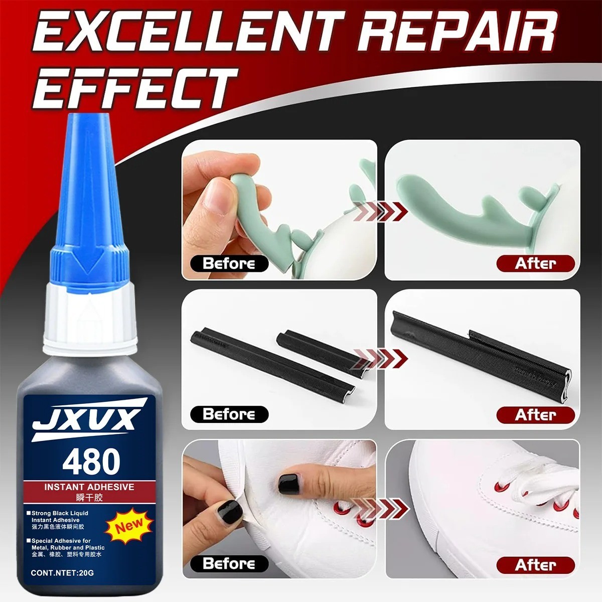 Black Super Glue 480 Fast Dry Cyanoacrylate Leather Rubber Plastic Repair Glue