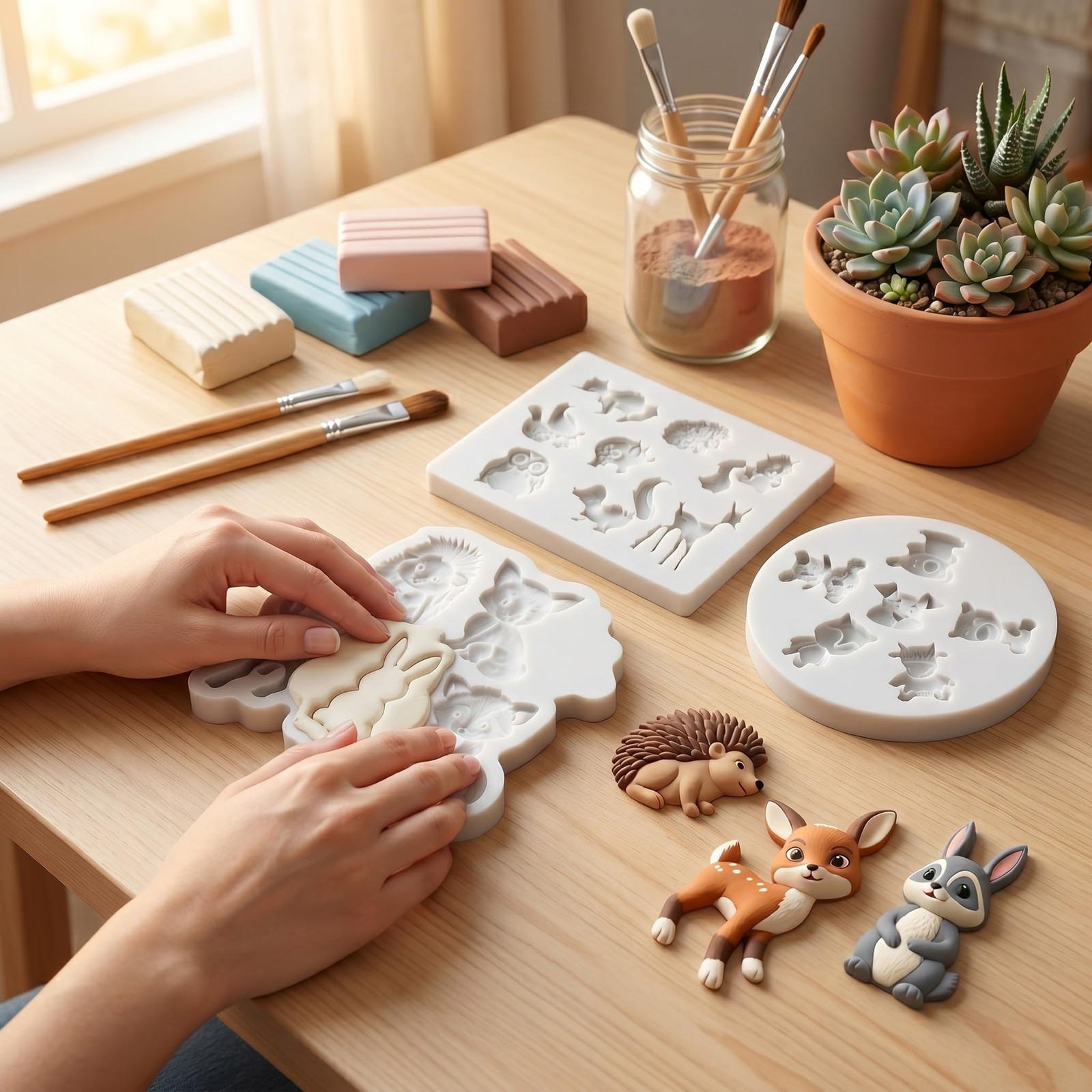 Animal Polymer Clay Mold Hedgehog Deer Bear Pig Squirrel Fox Owl Koala Silicone