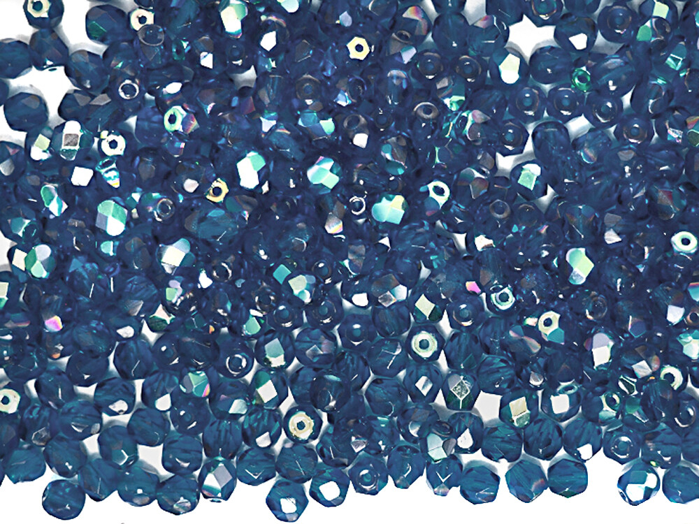 Czech Fire Polished Round Faceted Beads in Dark Aqua AB coated 16″ strand blue