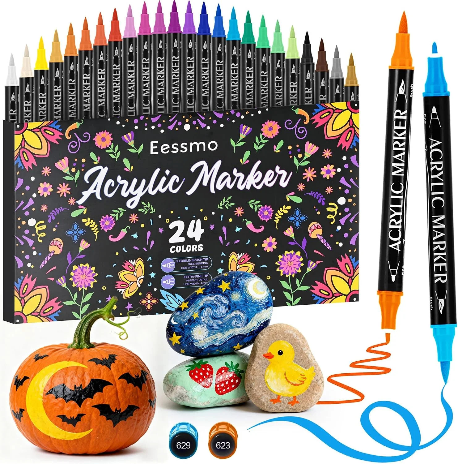 24 Acrylic Paint Markers – Paint Pens for Drawing, Brush + Fine Tips – for Fabri