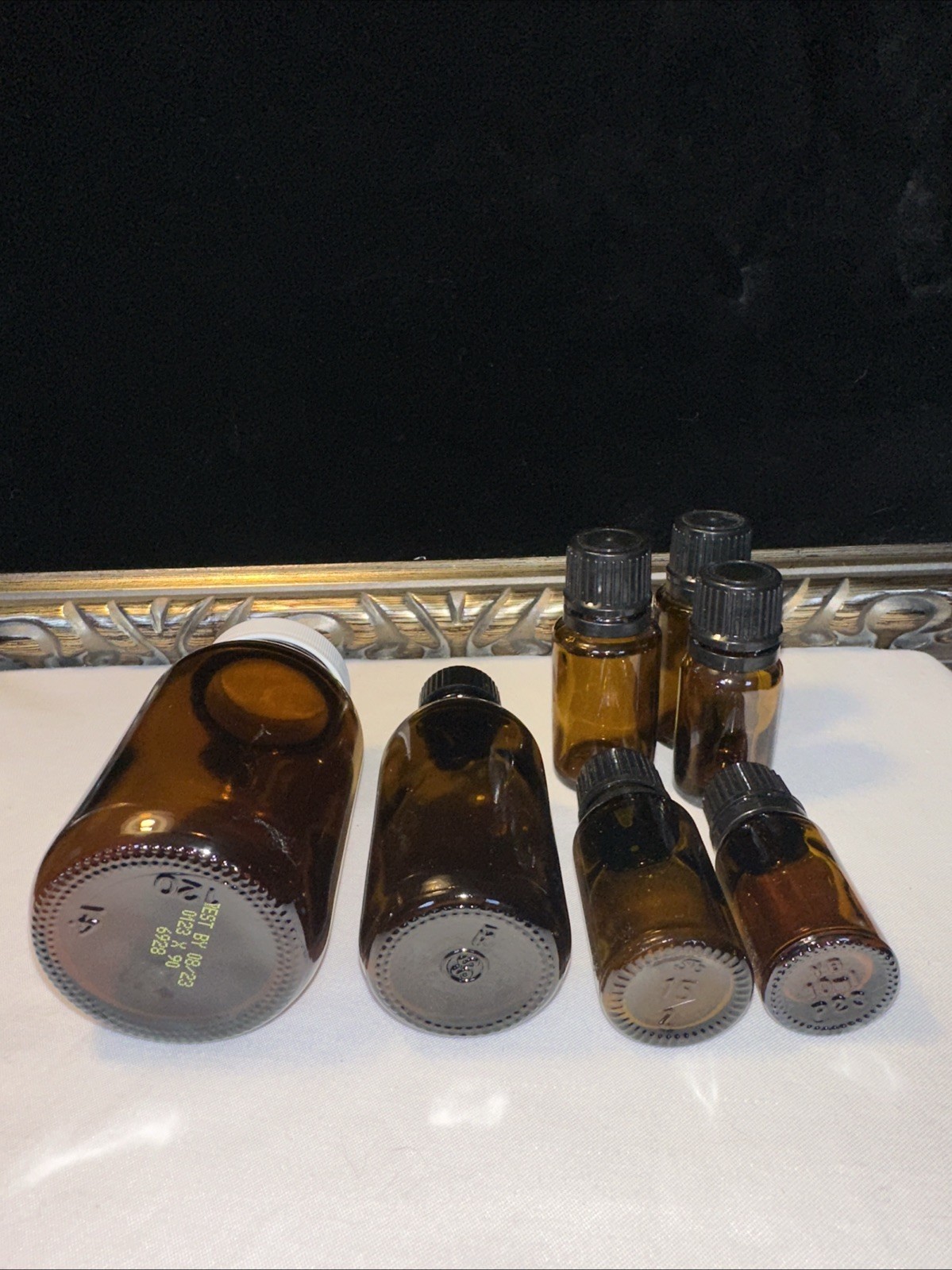 Set of 7 Amber Glass Bottles, Asst. Szs, Sealed Storage, Oils, Medicine, Bubbles