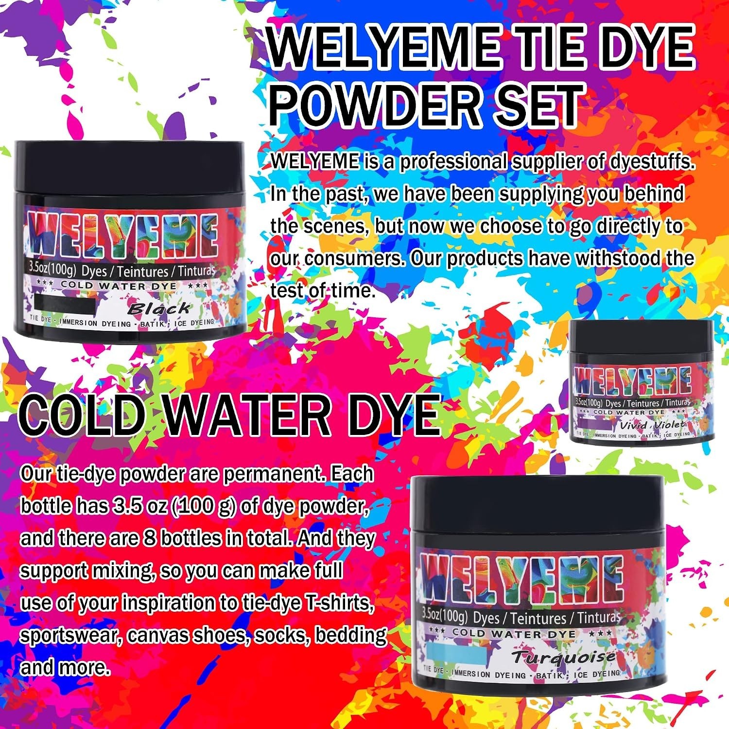 Professional-Grade Tie-Dye Powder, 8-Color Assortment