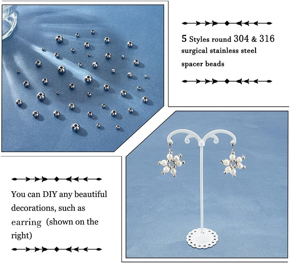 1050 Pcs Stainless Steel Spacer Beads, 5 Sizes , Silver, Round, Beads