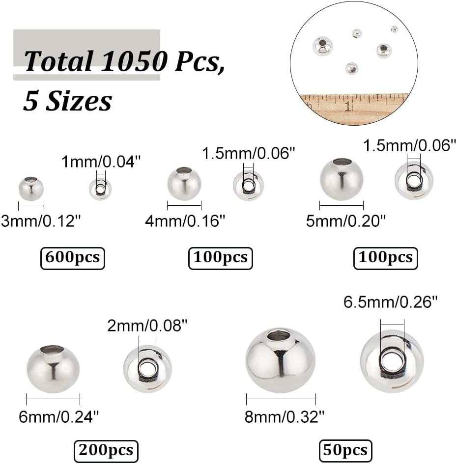 1050 Pcs Stainless Steel Spacer Beads, 5 Sizes , Silver, Round, Beads
