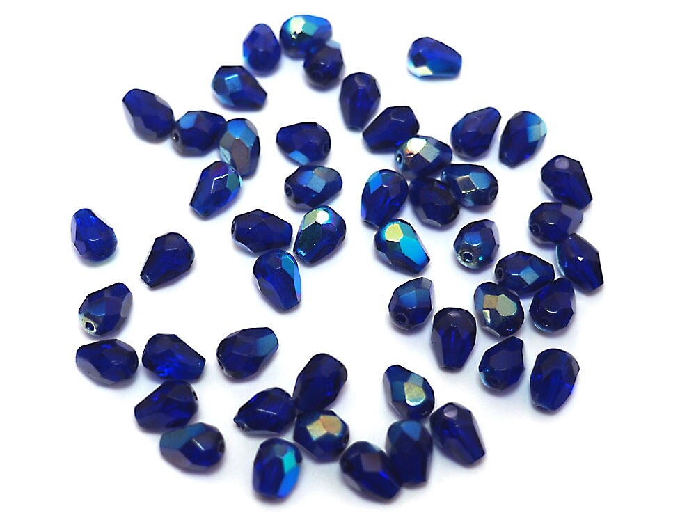 Czech Glass Pear Shaped Fire Polished Beads 8x6mm Cobalt Blue AB Tear Drop 50pcs