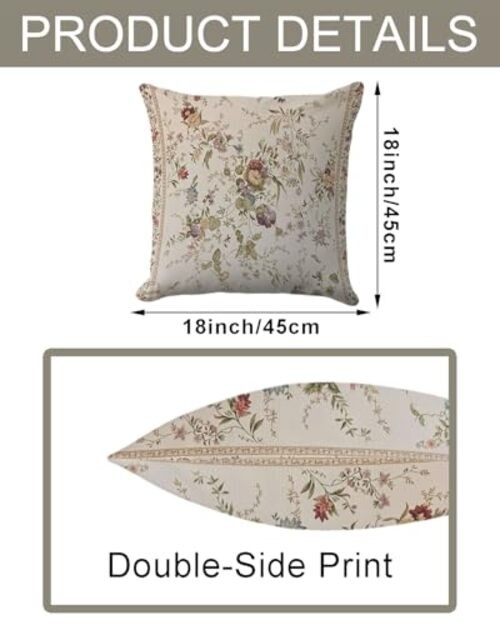 Floral Pillow Cover 18×18 – Vintage French 18″ x 18″ (Pack of 1) Beige‑gray