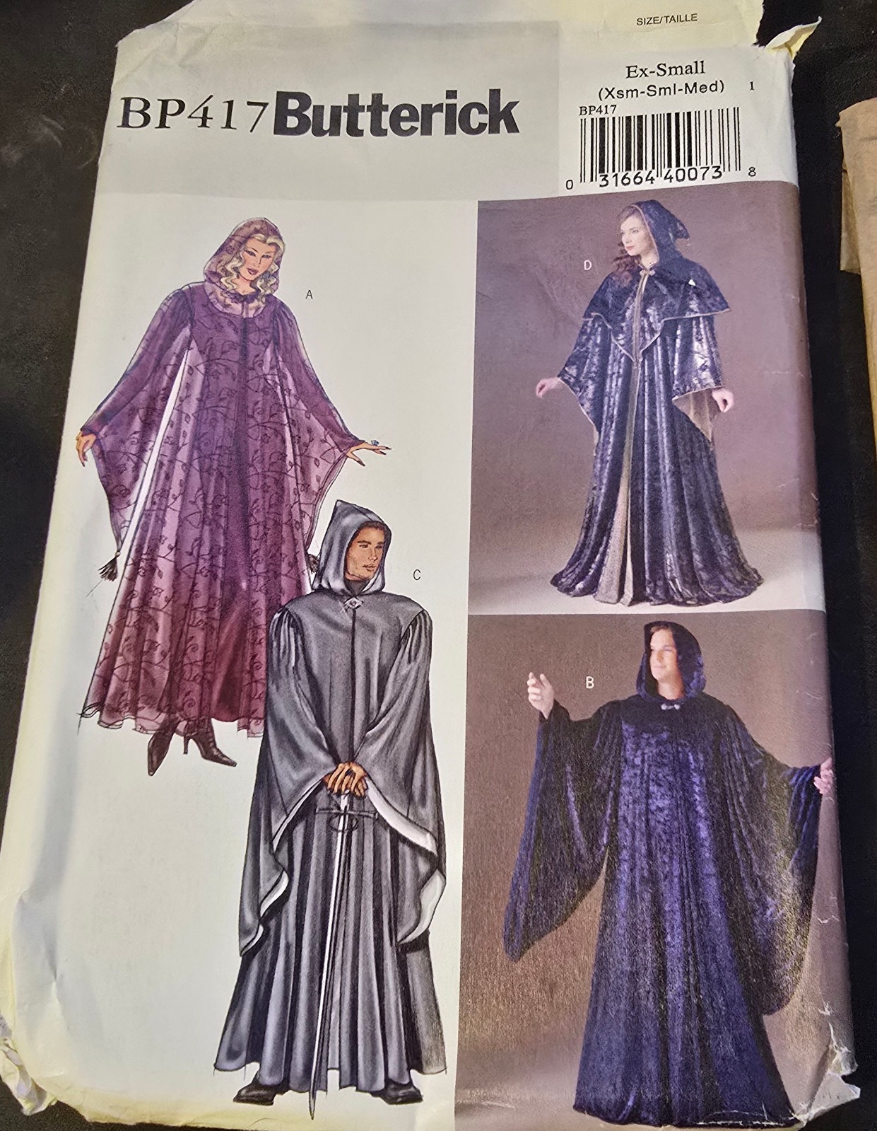 Butterick BP417 Costume Sewing Pattern Unisex Hooded Robes Cloak Uncut Size XS-M