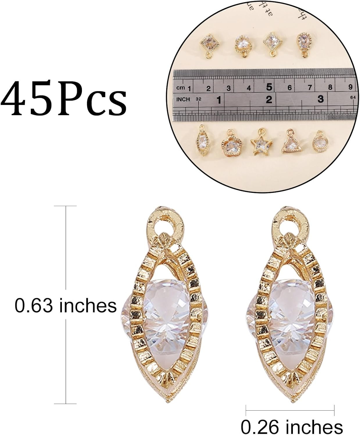 45Pcs Alloy Cubic Zirconia Charms Rhinestone Crystal Charms Pendants Star Heart